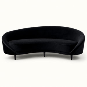 Curved black velvet sofa for event hire