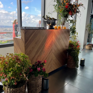 Wooden Redwood Bar, styled for corporate event, Juno Hire London
