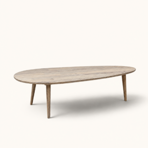 Wooden oval egg coffee table with tapered legs for contemporary event hire