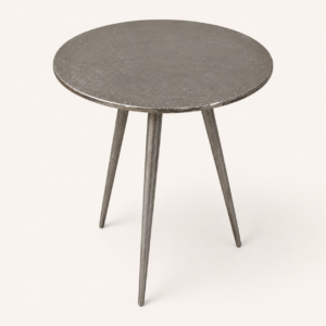 Round Burnished Side Table with industrial metal finish for event hire