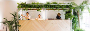 Light wooden bar with mixologists at an event