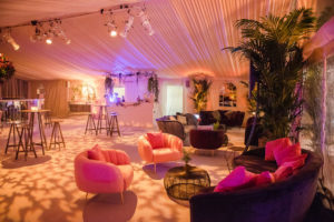 Sofas, armchairs and coffee tables at an event