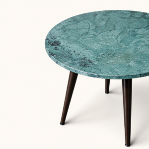 Serpentine side table with stone-effect top and dark wooden legs for event hire