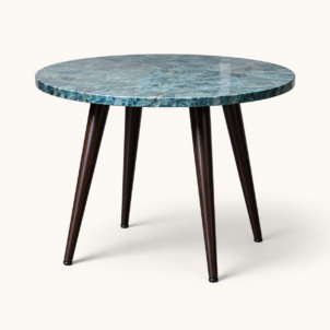 Serpentine side table with stone-effect top and dark wooden legs for event hire