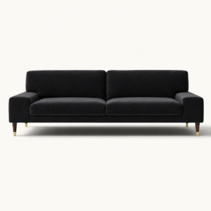 Black velvet sofa with wooden legs for event hire in London