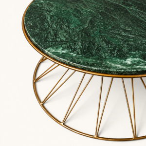 Green marble and gold wire coffee table available to hire from Juno Hire London