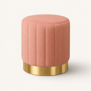Pink velvet fluted pouffe with brushed gold base for event hire