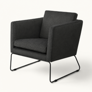 Dexter armchair in dark coal fabric with black metal frame for event hire
