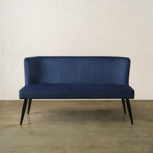 Blue Velvet Sofa with a Zig Zag design and metal legs available for Event Hire