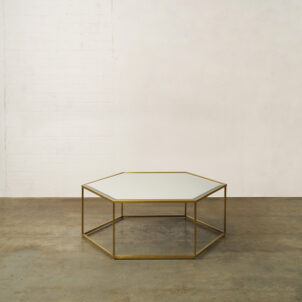 Hexagonal Coffee Table with Mirror Top and Brass Legs for Event Hire