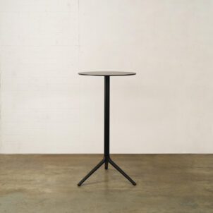 Poseur table with a granite effect top and black stand on three legs available to hire for events in London