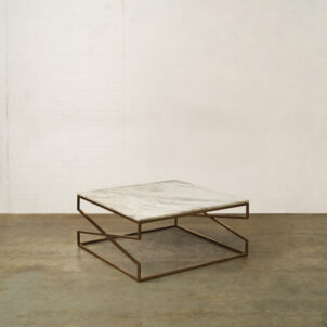 Square marble coffee table with brass geometric legs, available to hire for London Events