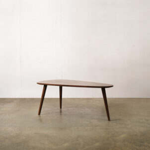 Oval shaped mango wooden coffee table with three wooden legs