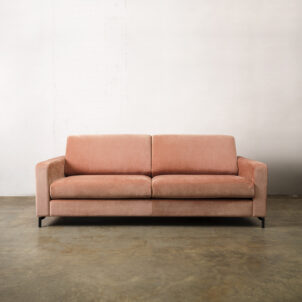 Dusky peach chenille sofa, large two seater with black metal legs