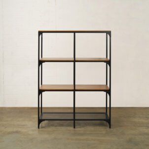 Wooden and metal shelving unit with 4 shelf levels
