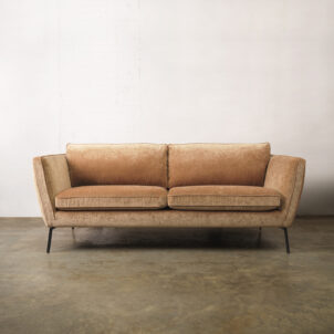 Pale rust chenille sofa, three seater with black metal legs
