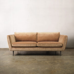 Pale rust chenille sofa, three seater with wooden legs
