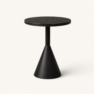 Black terrazzo side table with sculptural black base available to hire from Juno Hire London
