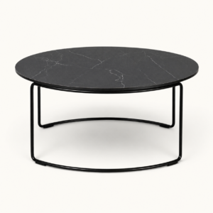 Black marble-effect loop coffee table available to hire from Juno Hire London