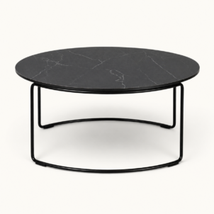 Black marble-effect loop coffee table available to hire from Juno Hire London